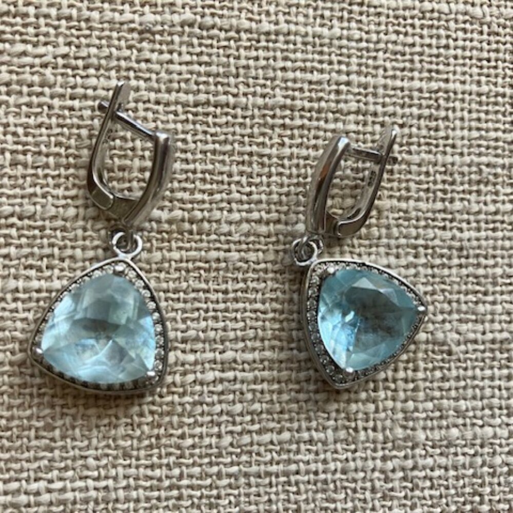 Sterling Silver Aquamarine Diamond Earrings